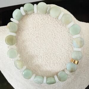 Second Bloom Studio Artisan Made Opal Milky Quartz Stretch Bracelet 6.25" Gold